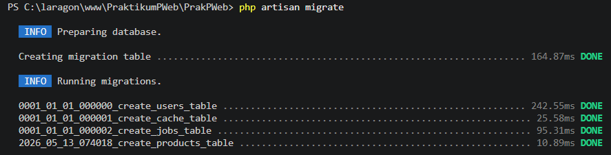 Output php artisan migrate untuk tabel products